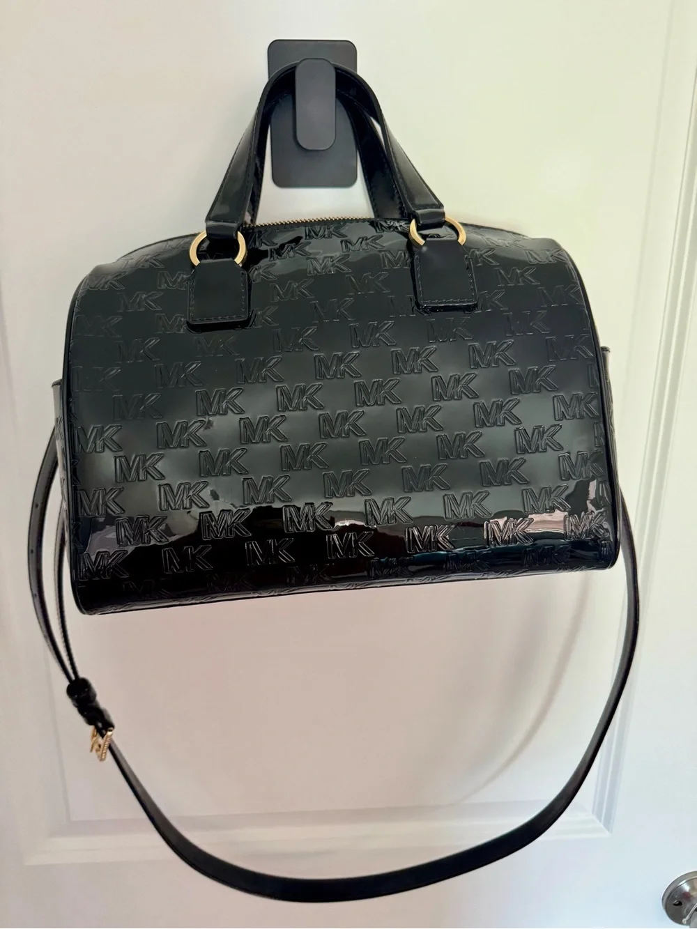Michael Kors Grayson Black Patent Logo Satchel with Detachable Strap